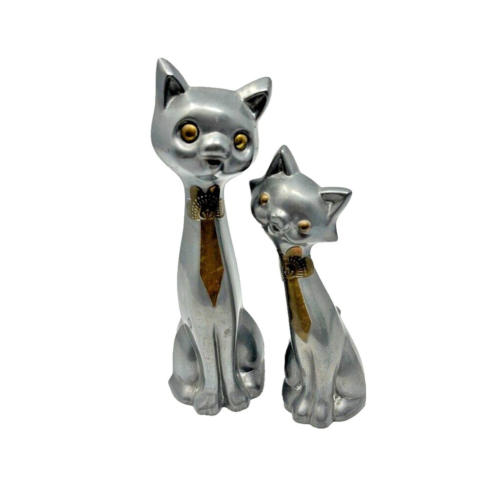 Mid Century Retro Pewter & Brass Metal‎ Cat Figurines / Statues MCM Vintage